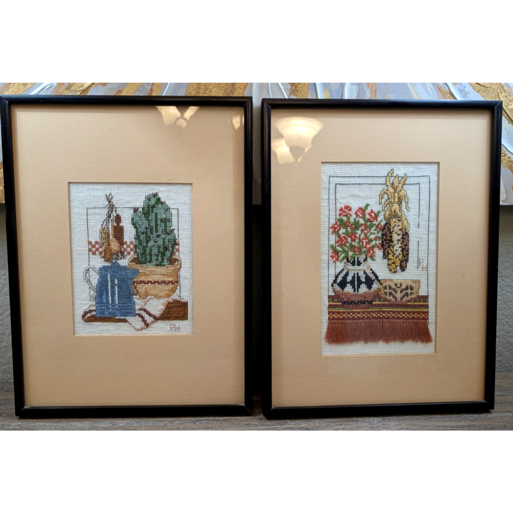 Set of 2 Vintage Cross Stitch Needlepoint Signed 1994 1995 Southwestern Decor